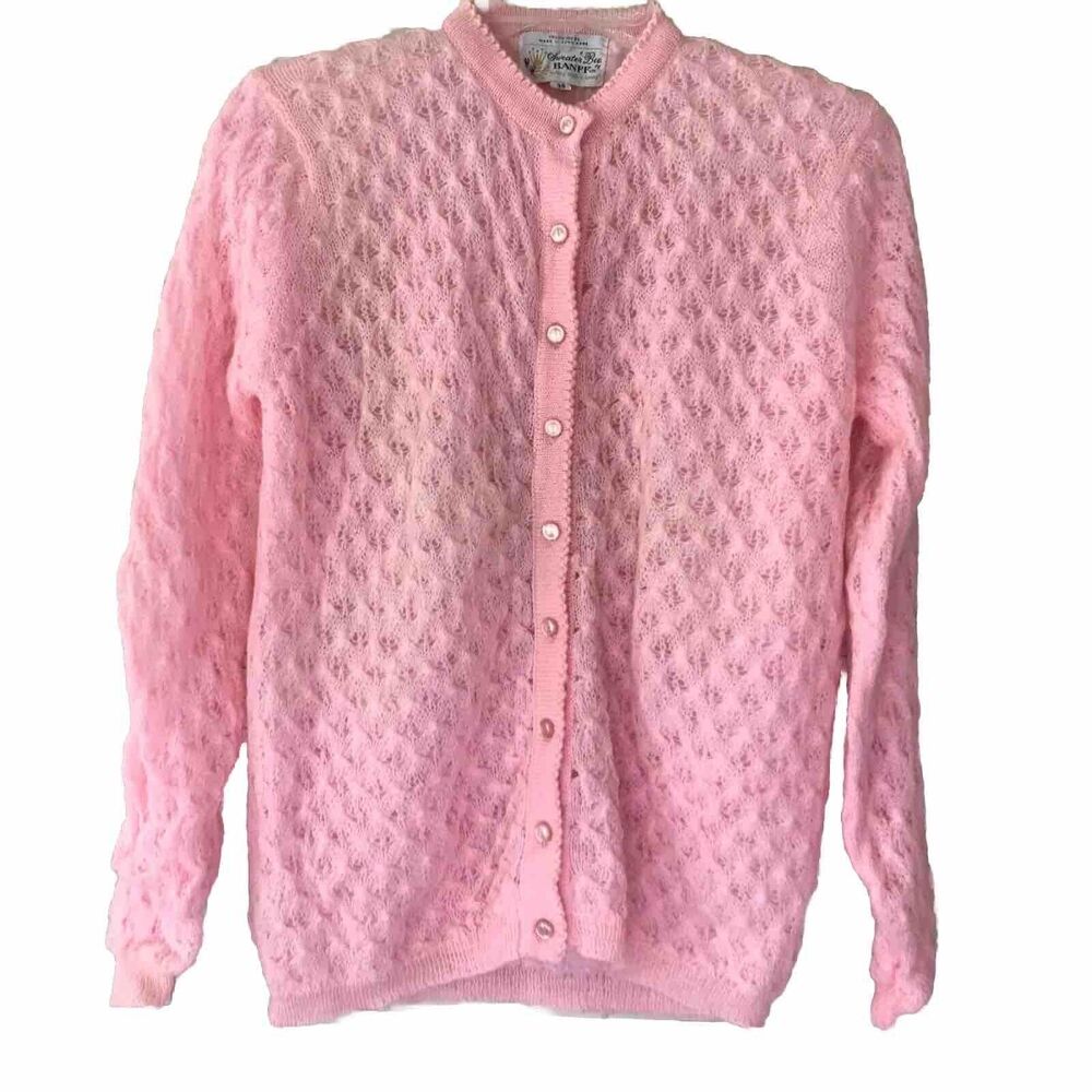 Sweater Bee S M Pink Wool Cardigan Sweater Cottage Grandma Vintage Lined 36 Bust